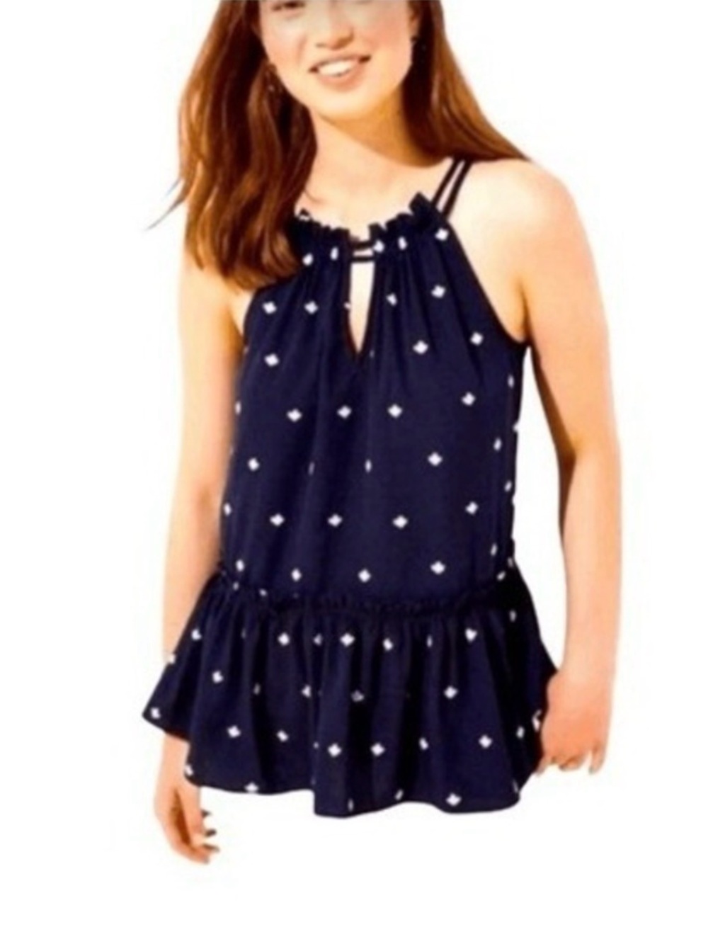 LOFT Navy Halter Tank with White Dot Print